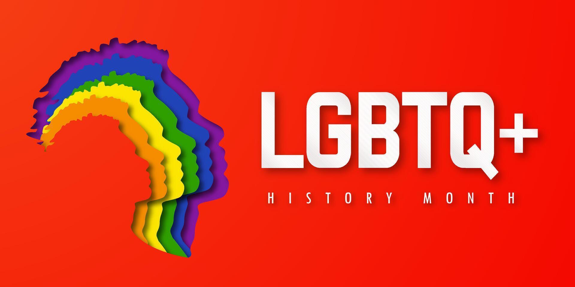 Design LGBTQ HISTORY MONTH. People's faces look up in LGBT colors. Paper cut. Minority problem. PRIDE parade. Coexistence harmony and multicultural community integration. Illustration vector