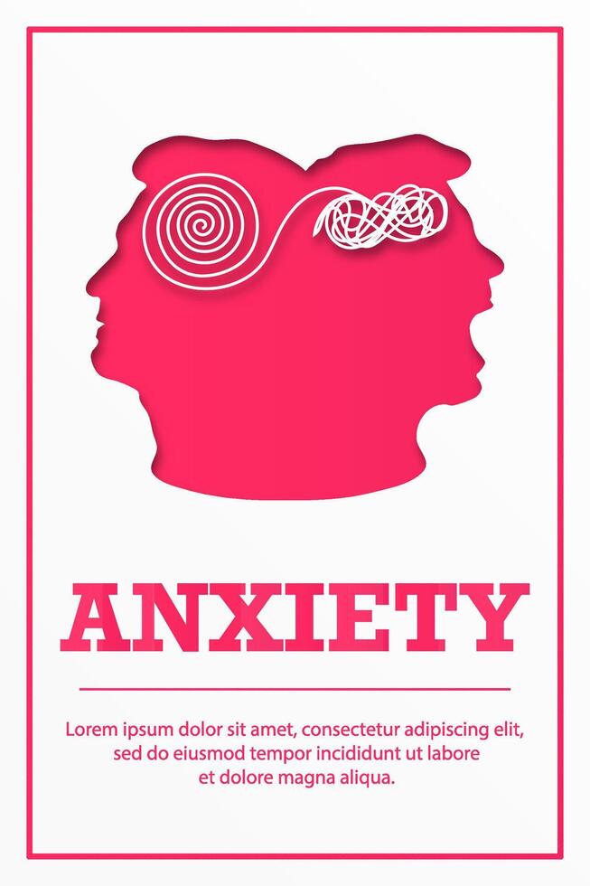 ANXIETY. Poster for medical institutions. Silhouette two faces. The concept of mental destruction of the personality. Man suffering from bipolar disorder. Split personality. Psychology. illustration. vector