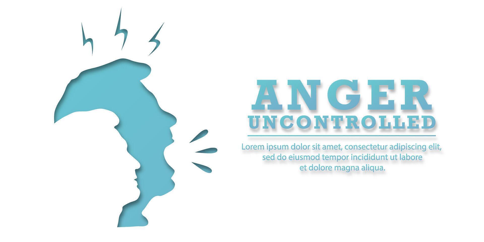 Angry guy screams. Lettering ANGER UNCONTROLLED. Frustrated man with nervous problem. Anxiety, panic and confusion of thoughts. Mental disorder and chaos in consciousness. illustration. Paper cut. vector