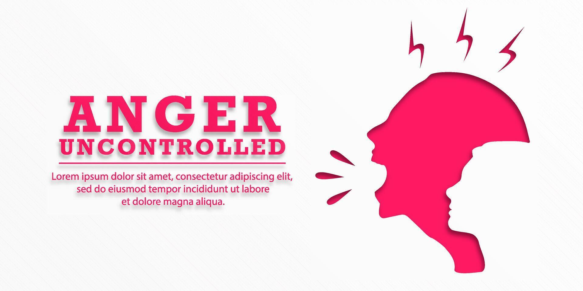 Angry girl screams. Lettering ANGER UNCONTROLLED. Frustrated woman with nervous problem. Anxiety, panic and confusion of thoughts. Mental disorder and chaos in consciousness. illustration. Paper cut. vector