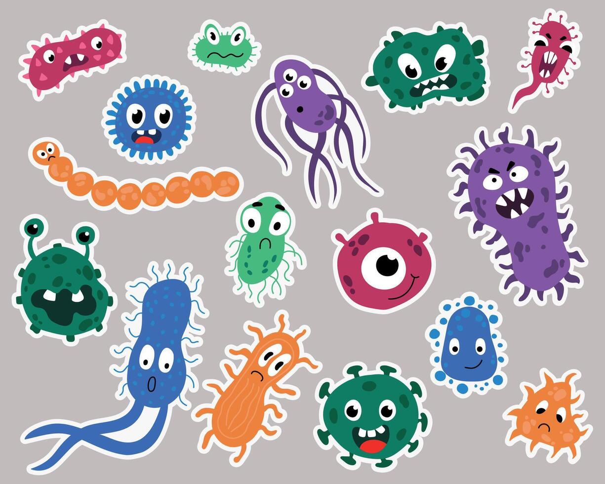 Set of stickers with bacteria. vector