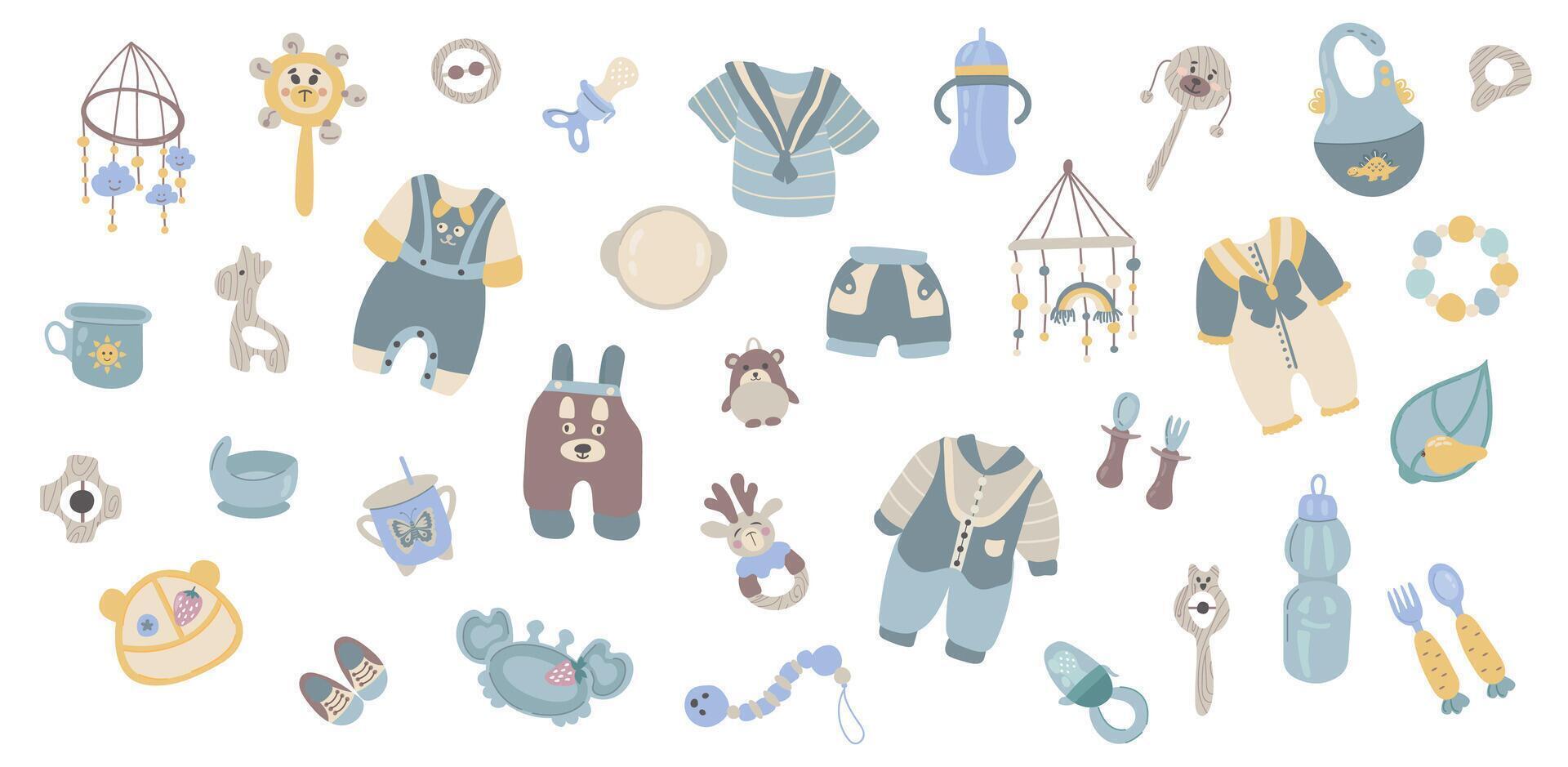 Set It's a baby. Hello boy. White background, isolate. Jumpsuit, shorts, T-shirt, overalls, toys, dishes. vector