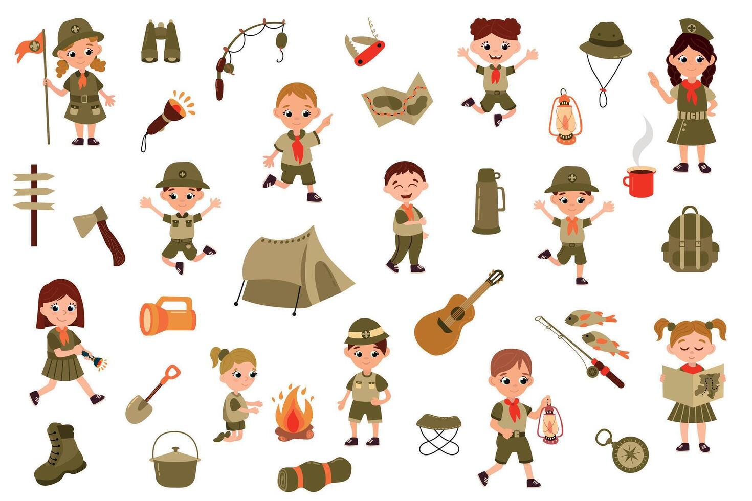 Child scouting. Set of boy and girl scouts in uniform in different poses. White background, isolate vector