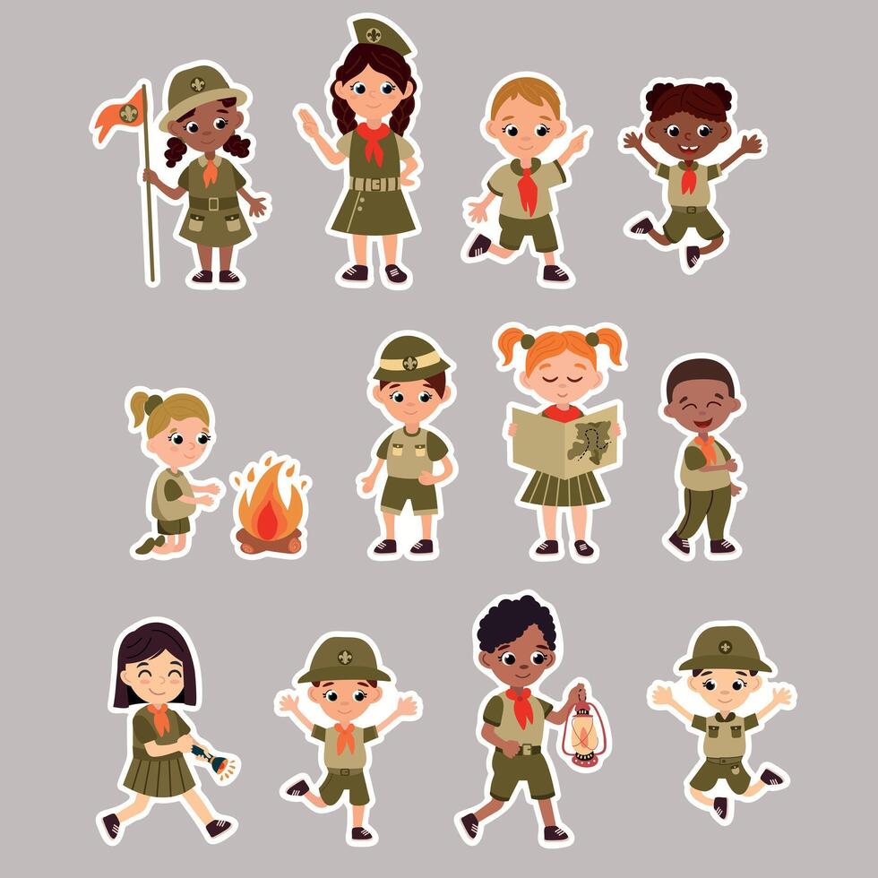 A set of stickers with scouts. Cheerful boy and girl scouts in different poses. vector