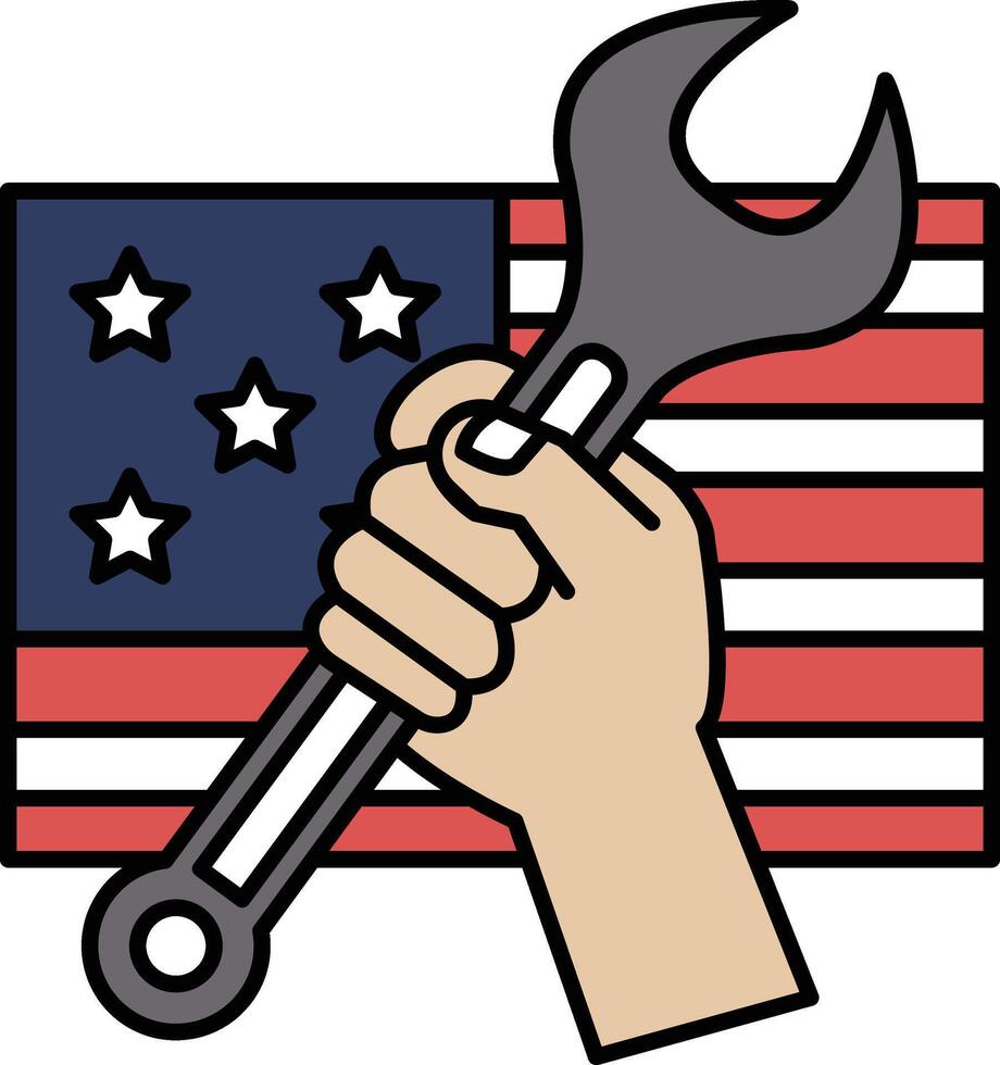 A hand holding a wrench in front of an American flag vector