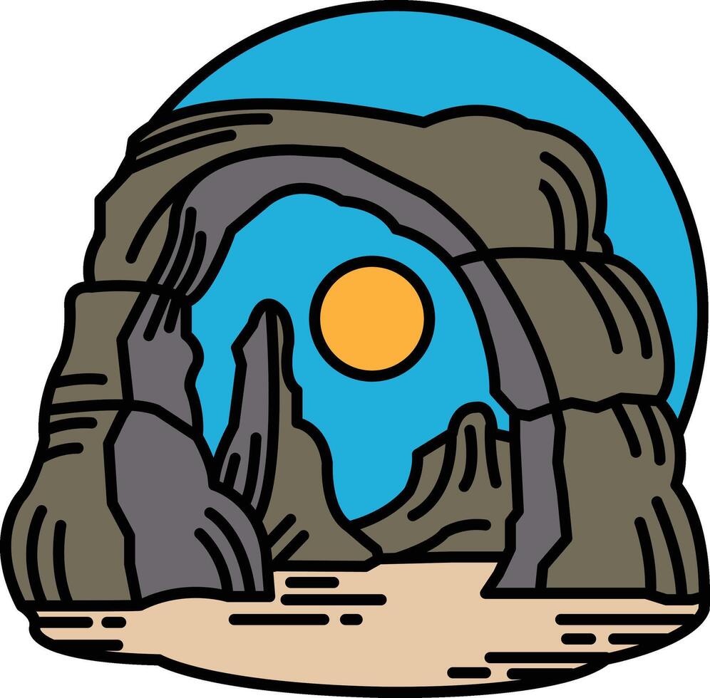 A drawing of a mountain range with a large archway and a sun in the sky vector