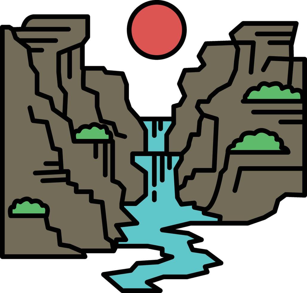 A mountain range with a river flowing through it and a red sun in the sky vector