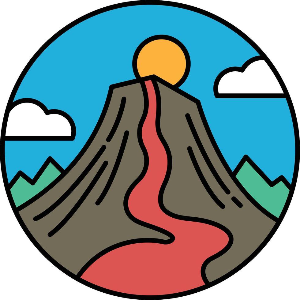 A mountain with a volcano on top and a red river flowing down its side vector