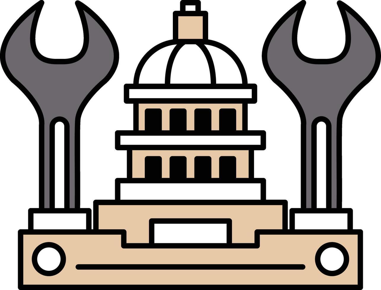 A drawing of a building with a dome and two tools on top of it vector