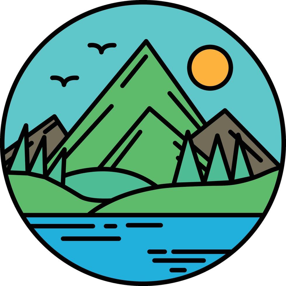 A mountain range with a blue sky and a sun in the background vector