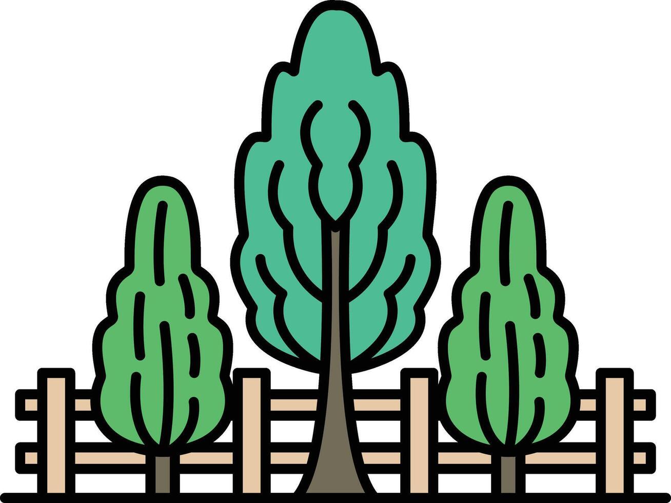 Three trees are in a row with a wooden fence in between them vector