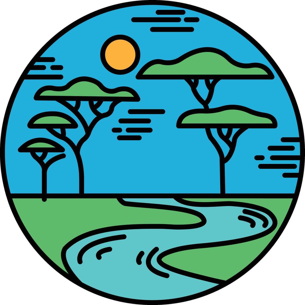 A blue circle with trees and a river in the middle vector