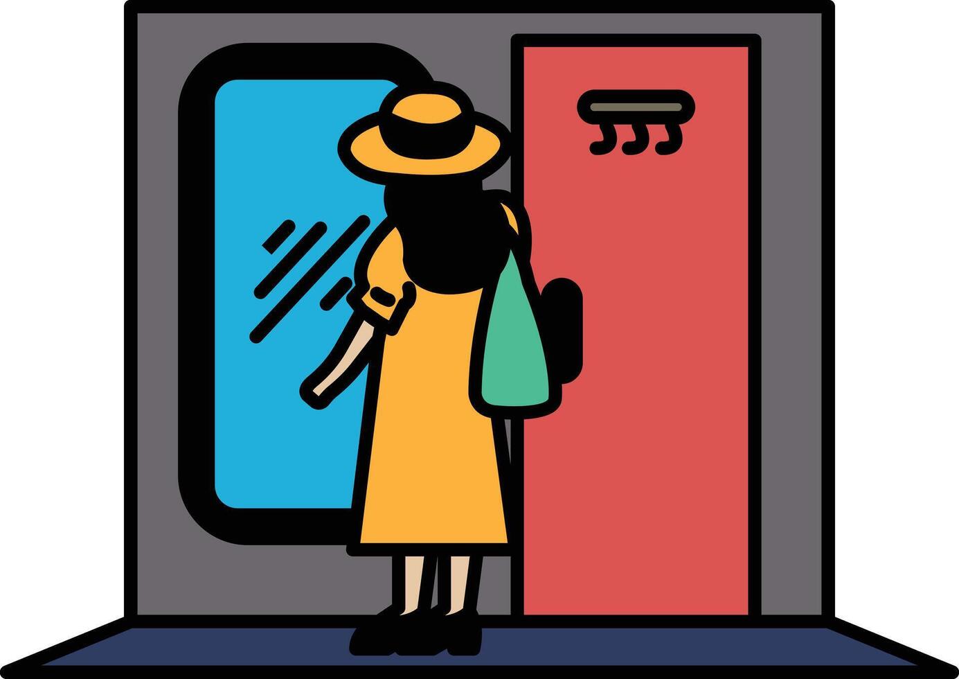 A woman in a yellow dress is standing in front of a red door vector