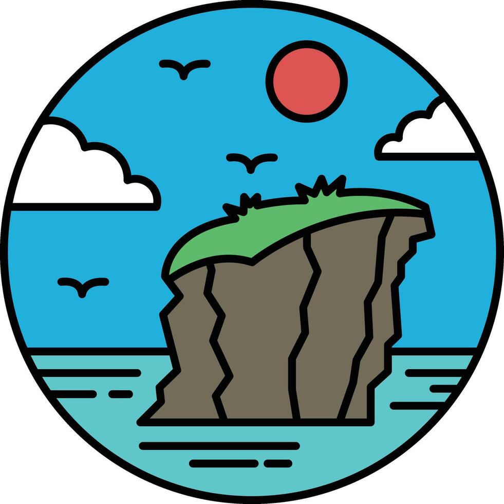 A rocky shoreline with a blue sky and a red sun vector