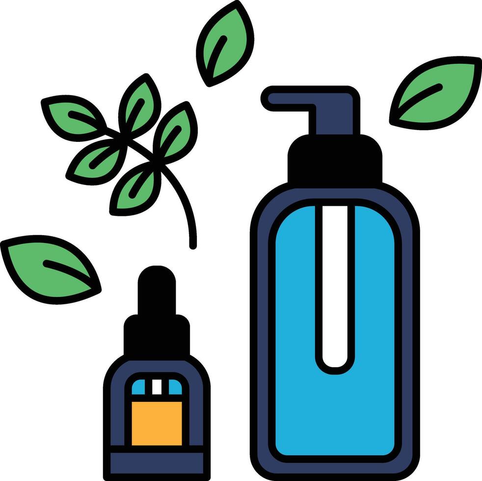 A bottle of blue liquid with a leaf on it vector