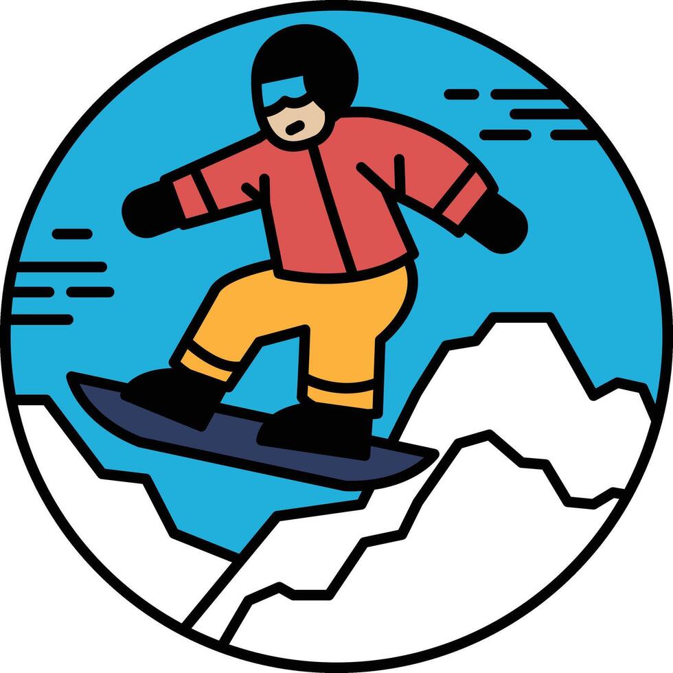 A cartoon of a man snowboarding with mountains in the background vector