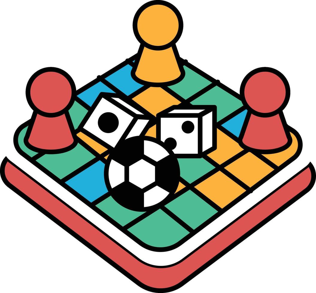 A colorful checkerboard with a soccer ball and two dice vector