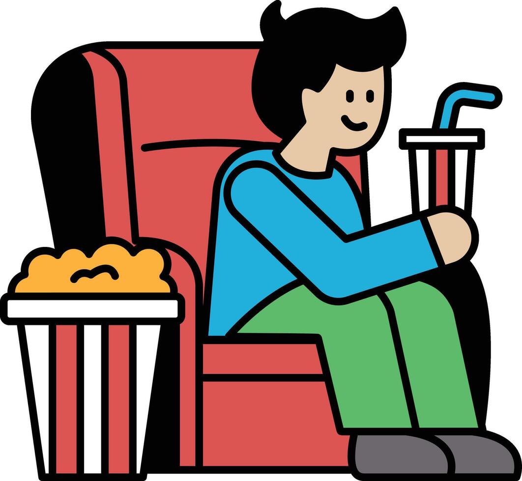 A cartoon man is sitting in a red chair with a cup of soda in his hand vector