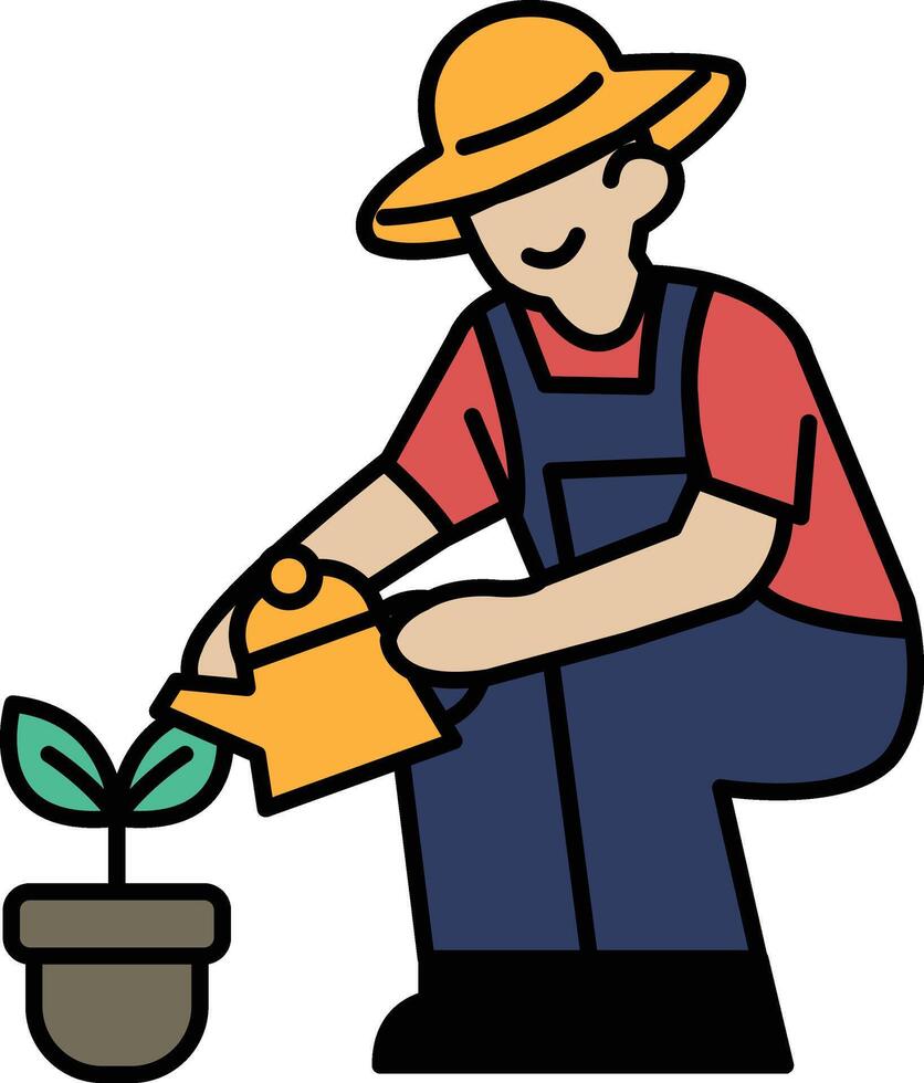 A man in a hat and overalls is watering a plant vector