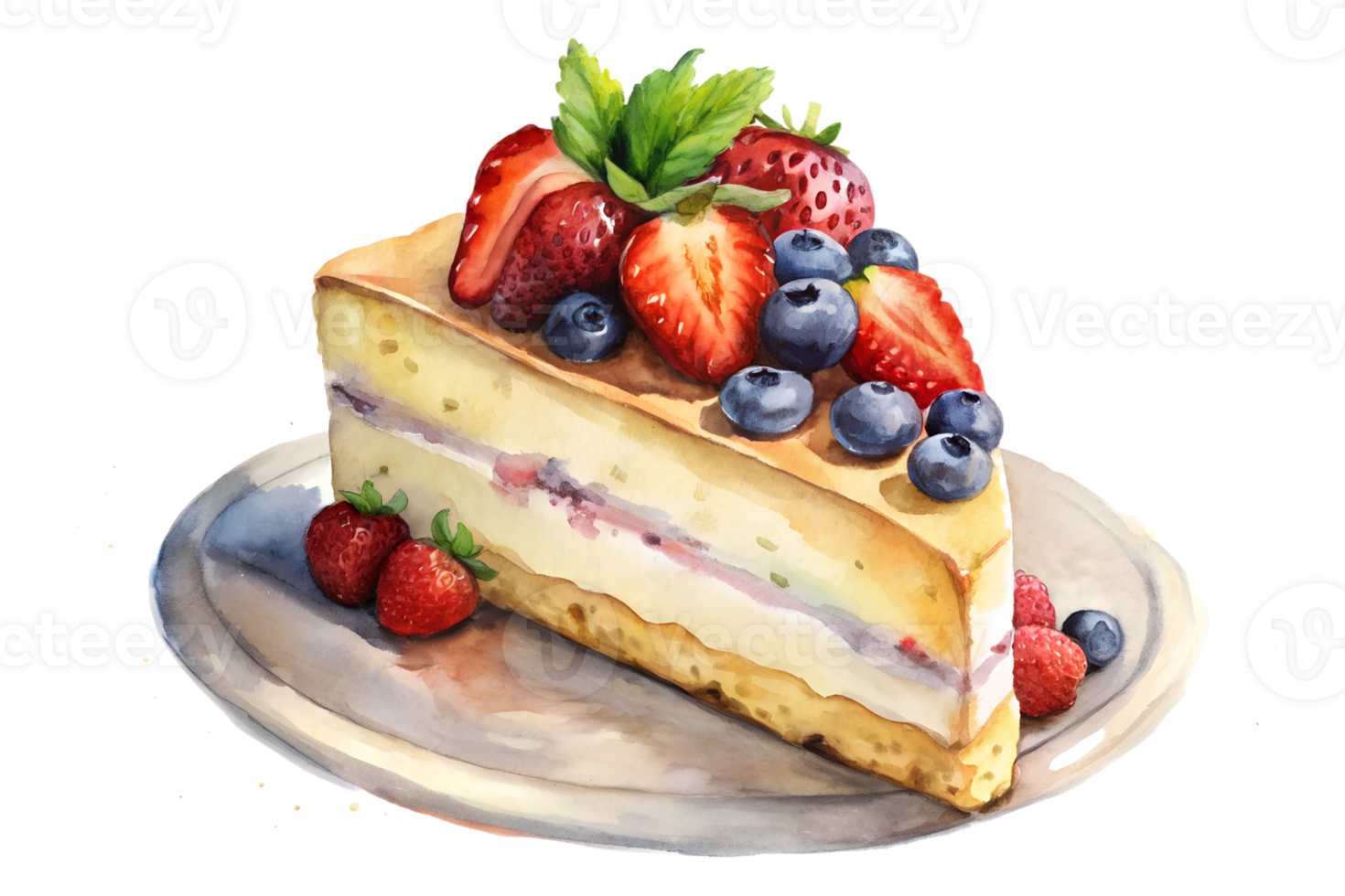Watercolor hand drawn Slice of butter cream cake with fruits png