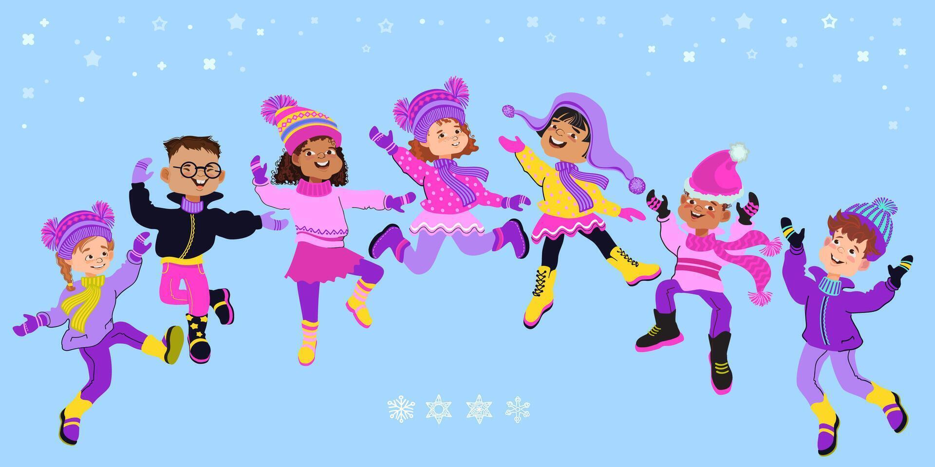 Happy children in bright winter clothes jumping and having fun. Set of cute cartoon kids laughing and waving their hands. Diverse multiethnic children. Flat illustration. vector