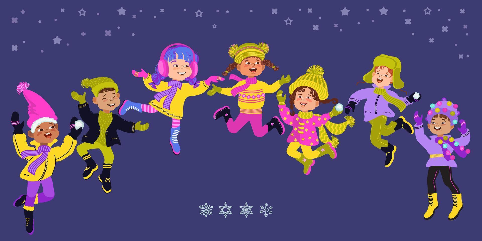 Group of happy children in bright winter clothes jumping and having fun. Cute cartoon kids laughing and waving their hands. Diverse multiethnic children. Flat illustration. vector