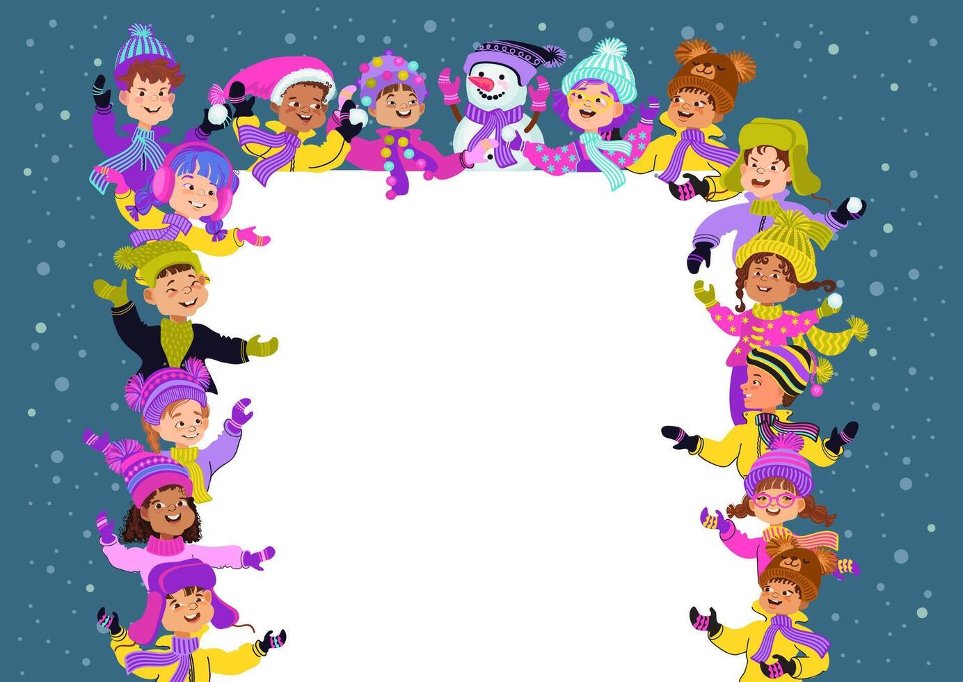 Happy children in bright winter clothes and a snowman. Greeting card or poster template. Cheerful cartoon kids and a place for your text. Flat illustration. vector