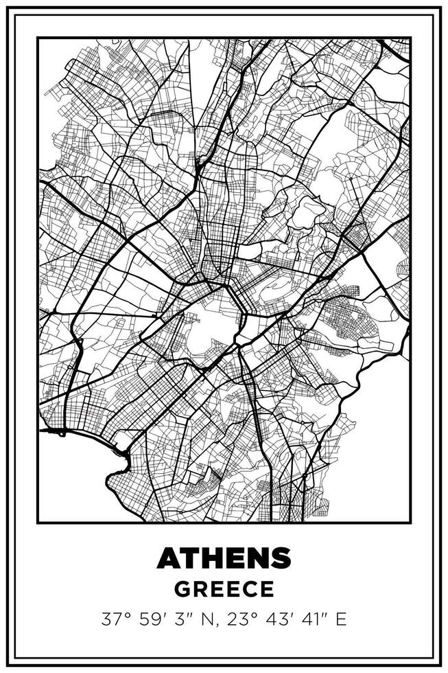 Black and white printable Street map art athens city, Greece. Travel poster with coordinates, poster design, Modern Poster Wall Art Home Decor Ready to Printable vector