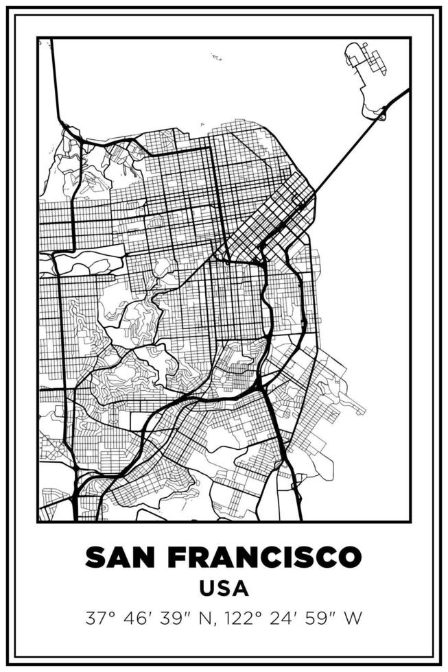 Black and white printable Street map art San Francisco, California, USA