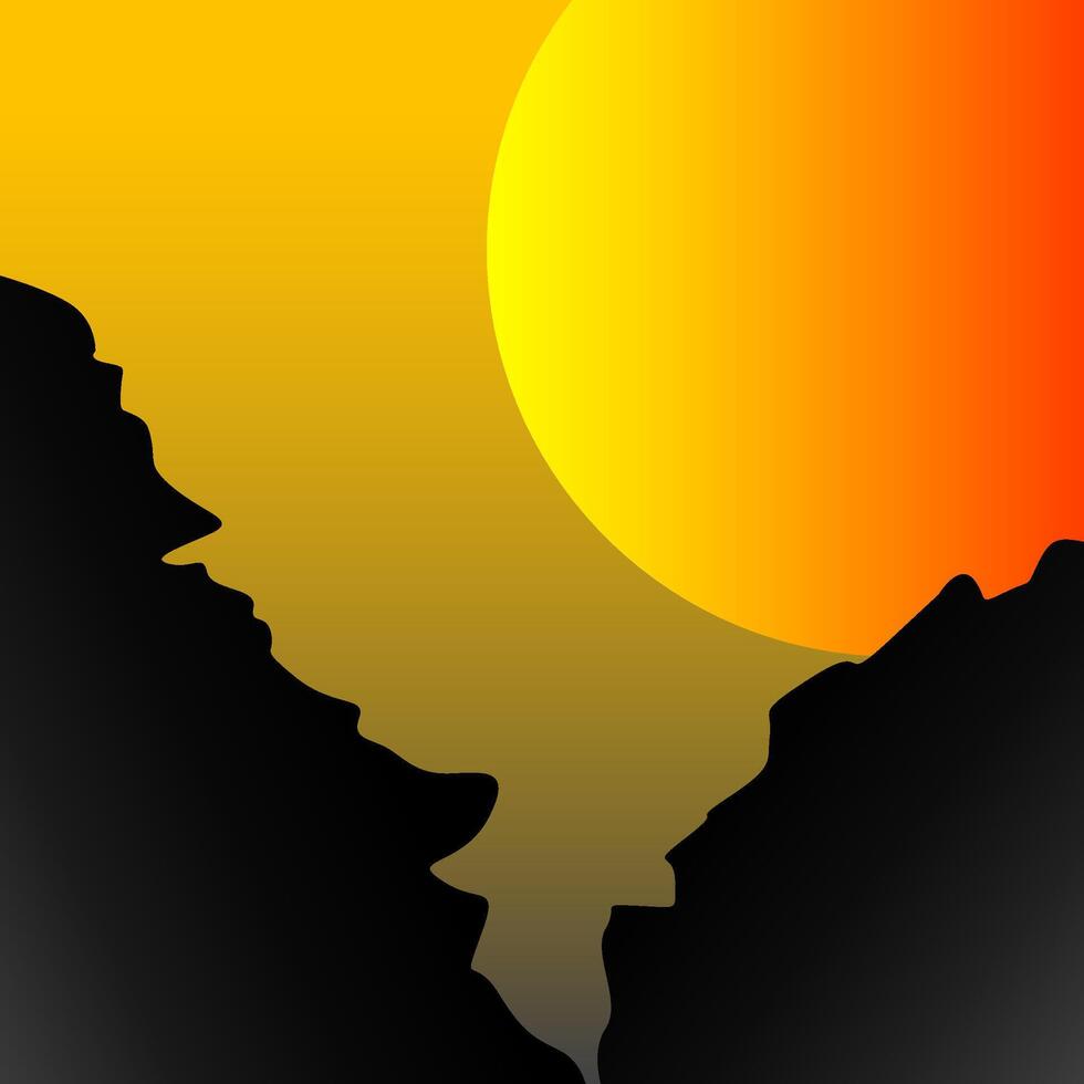 sunset landscape with orange sky, silhouettes of mountains, hills vector