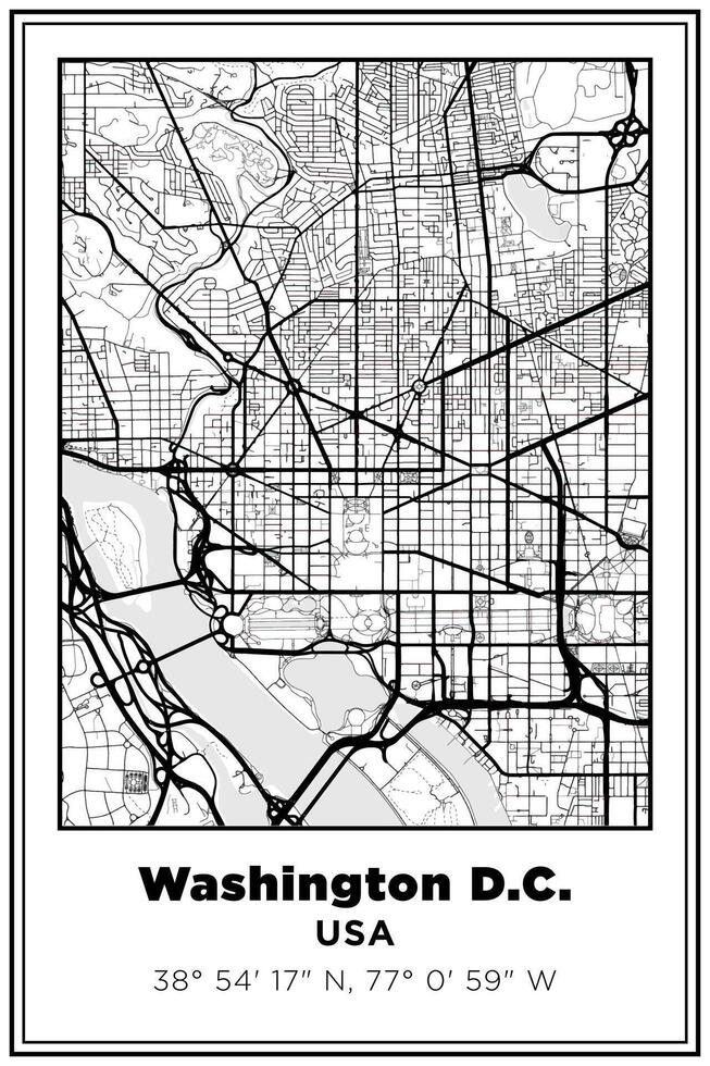 Black and white printable Street map art Washington D.C., USA. Travel poster with coordinates, poster design, Modern Poster Wall Art Home Decor Ready to Printable vector