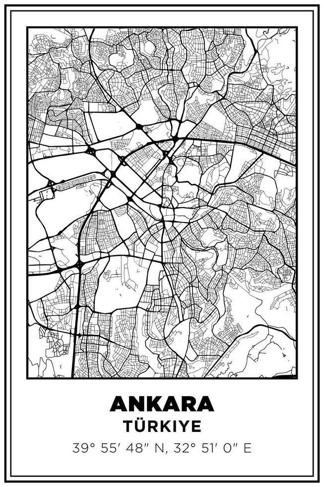 Black and white printable Street map art Ankara city, Turkey. Travel poster with coordinates, poster design, Modern Poster Wall Art Home Decor Ready to Printable vector