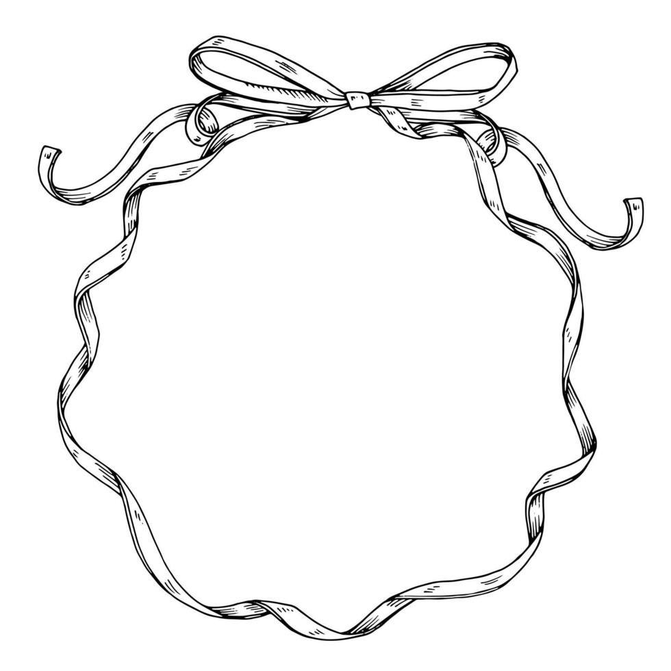 A round wreath with a hand-drawn ribbon and bow frames border the center of this card. The black and white illustration provides ample copy space for a personalized greeting or holiday message vector