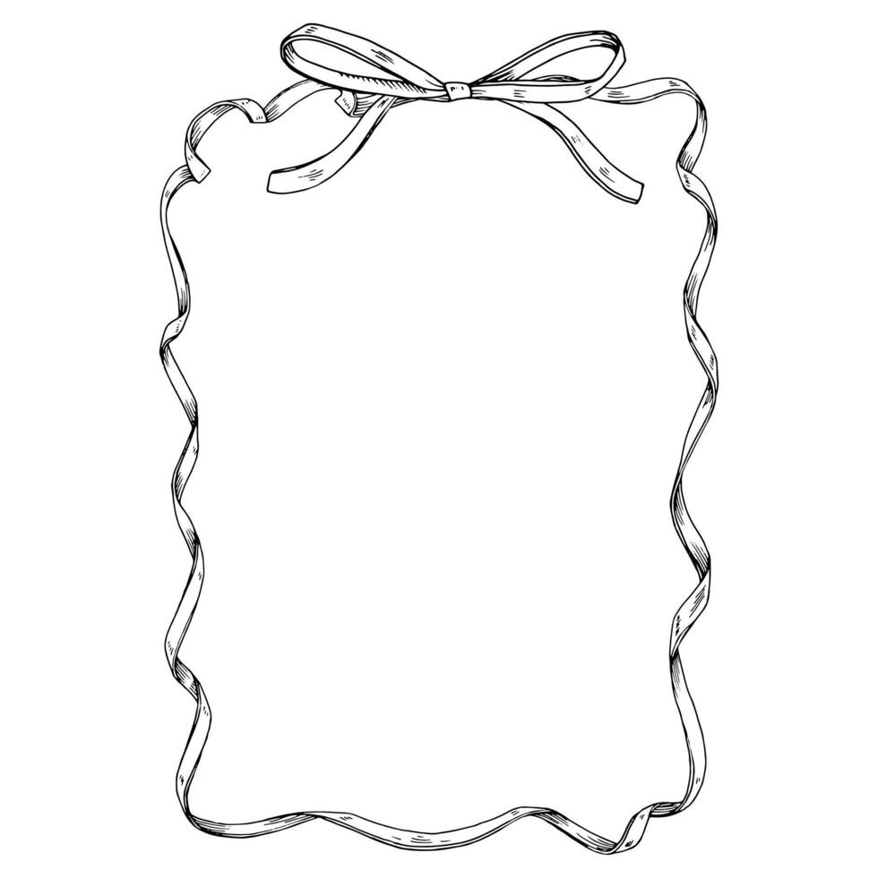 This black and white illustration features a thin ribbon and bow border, creating a blank, elegant frame. Perfect for wedding invitations, present labels, offering ample space for text vector