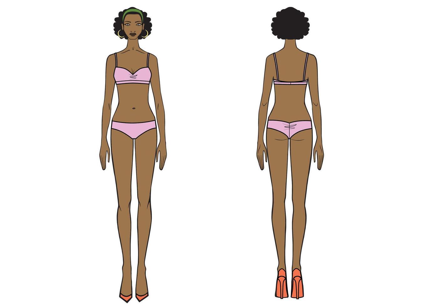 Full length front, back view of a standing african woman vector