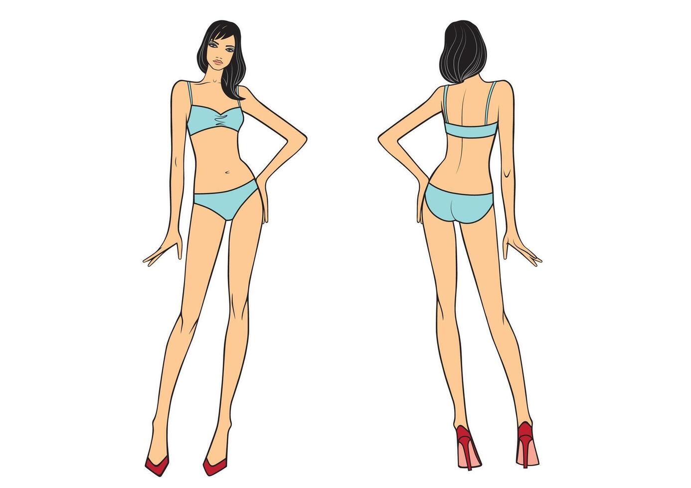 Full length front, back view of a standing woman vector