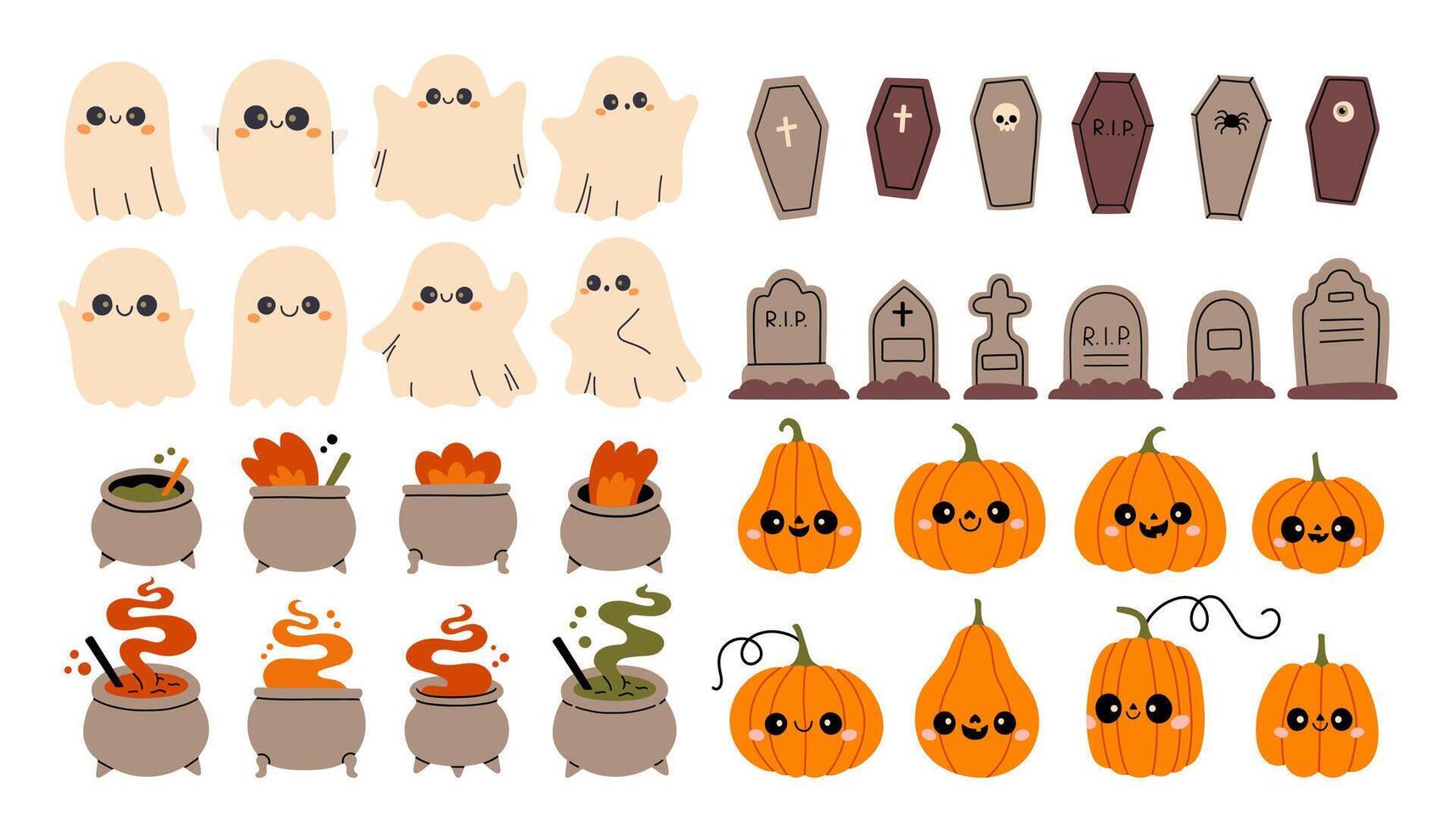 Halloween element set isolated. Ghost, pumpkin, cauldron, grave and coffin. Perfect for scrapbooking, greeting card, party invitation, poster, tag, sticker kit. Hand drawn illustration. vector
