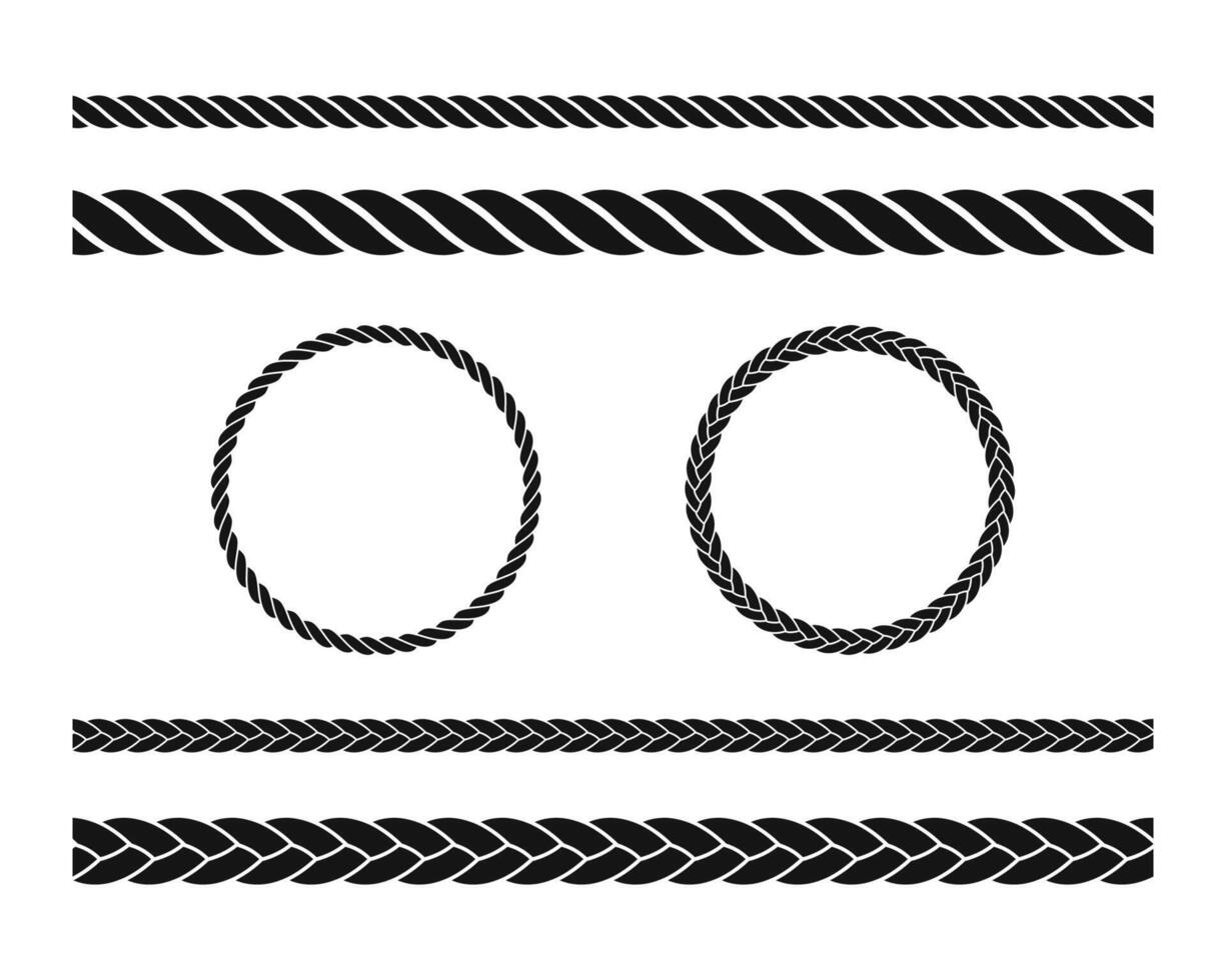 Set of Rope icons. Round rope curve set. Straight rope icon. Round rope frames. vector