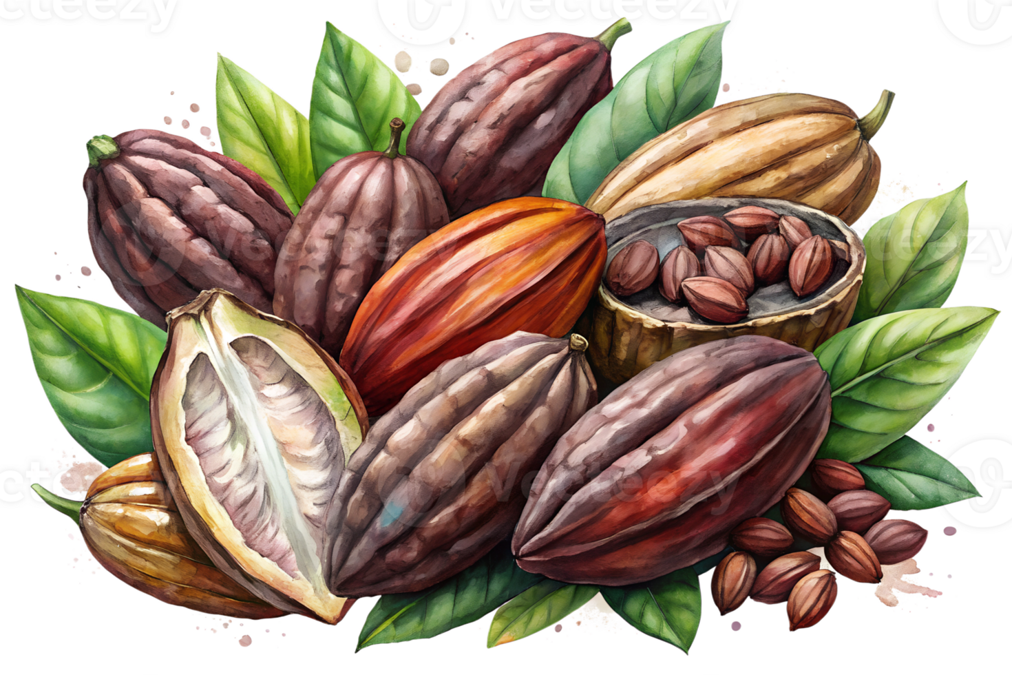 Watercolor hand drawn cocoa beans with leaves stems png