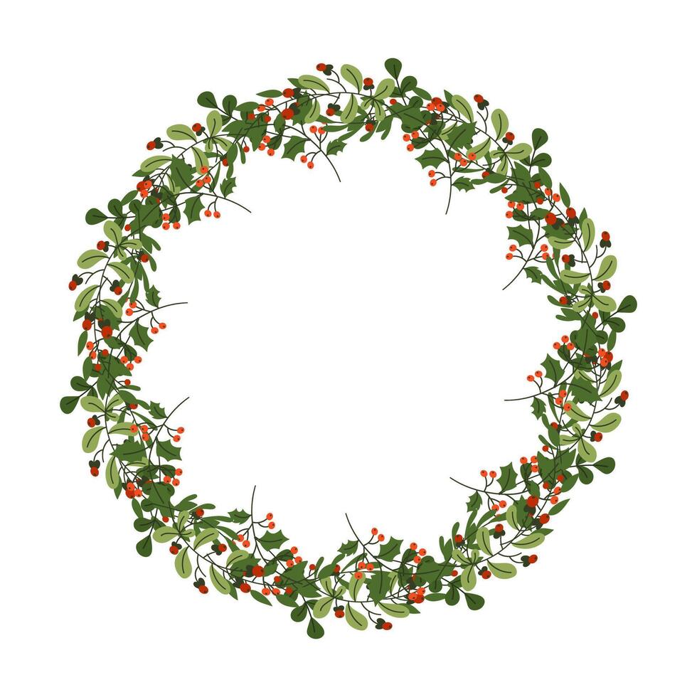 Festive Christmas wreath with holly leaves and red berries flat color object. Holiday greetings frame illustration on white background vector