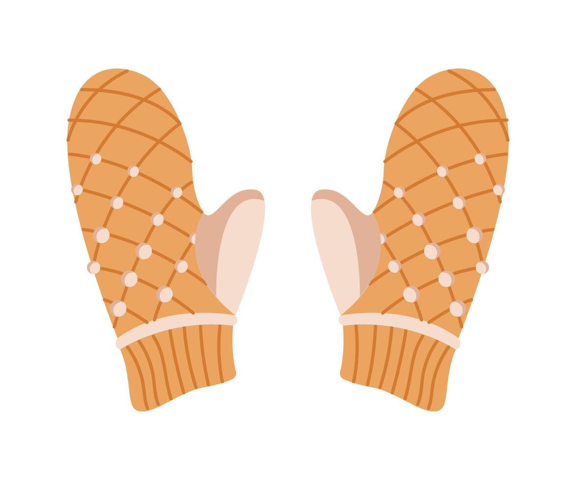 Cozy knitted mittens with beads flat color object. Keeping hands toasty in winter with warm gloves illustration on white background vector