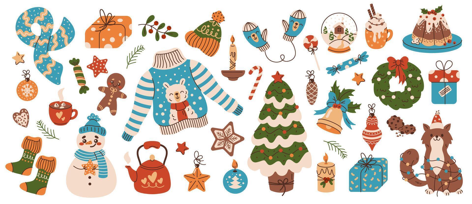 Christmas season festive symbols flat color objects set. New year decorations and accessories illustrations on white background vector