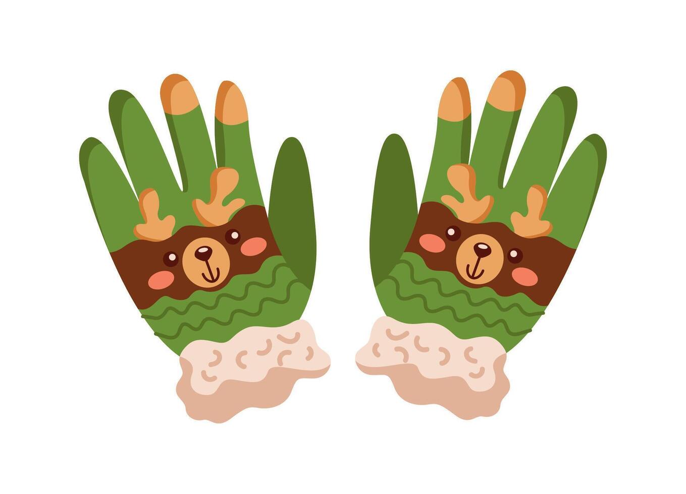 Cozy green mittens decorated with reindeer faces flat color object. Funny children handwear for cold season illustration on white vector