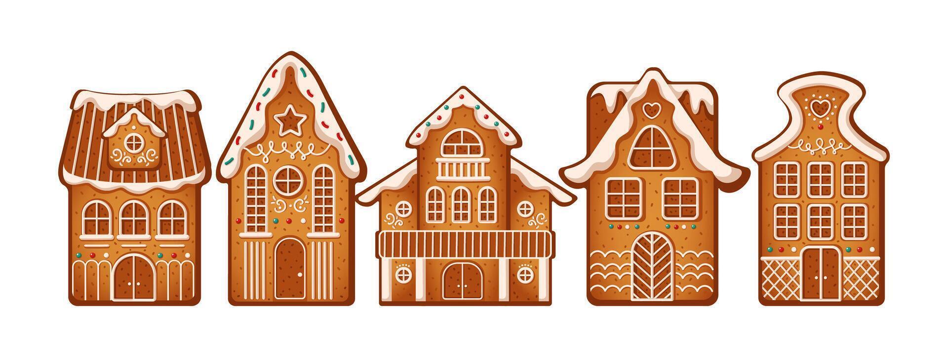 Cute gingerbread houses with cream decor flat color objects set. Cookies showing Christmas spirit illustrations on white background vector