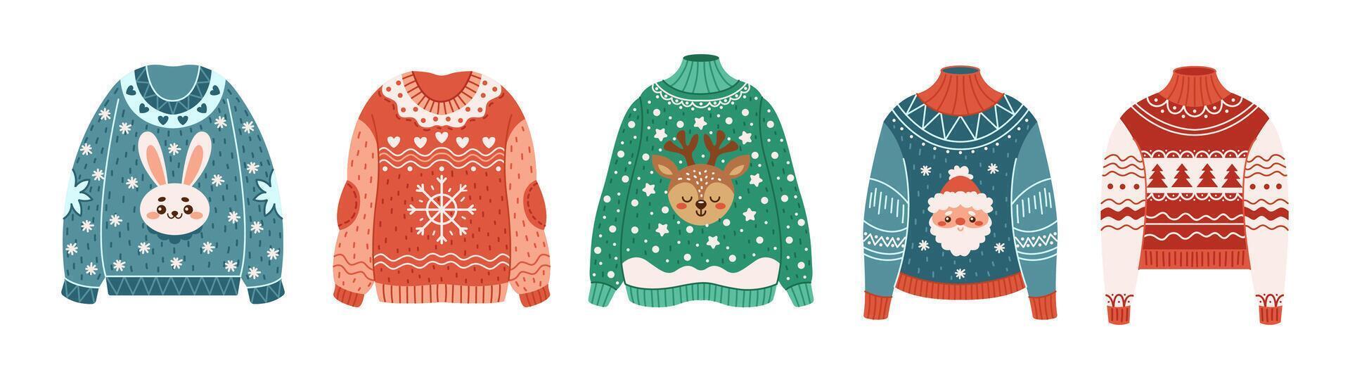 Christmas sweaters with winter holiday motifs flat color objects set. Cute knitwear creating coziness illustrations on white background vector