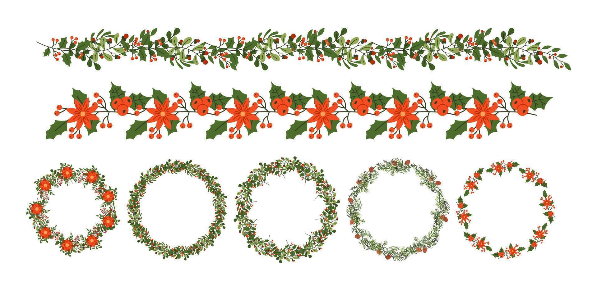 Festive garlands and wreaths flat color objects set. Poinsettia flowers holly leaves and berries illustrations pack on white background vector