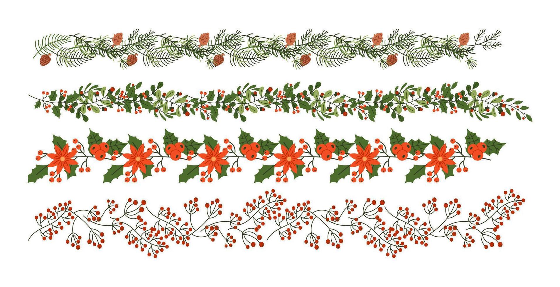 Festive Christmas garlands flat color objects set. Borders for invitations and greeting cards illustrations pack on white background vector