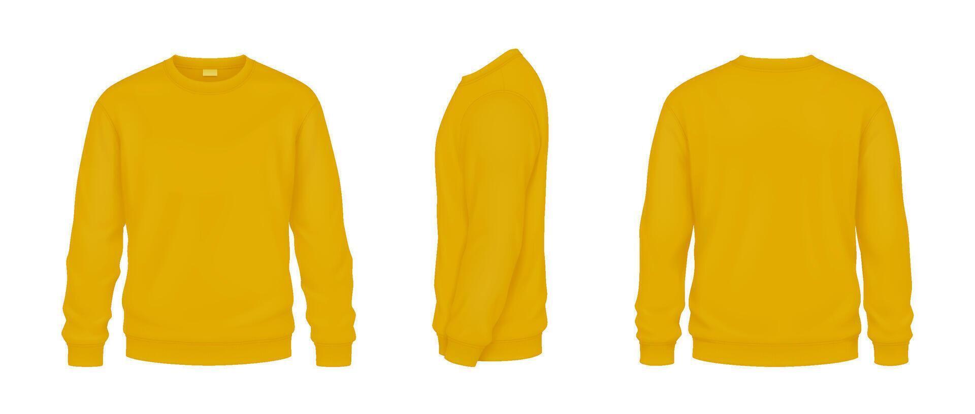Soft yellow sweatshirts mockup realistic illustrations set. Vibrant clothing for cool autumn template 3d model on white background vector