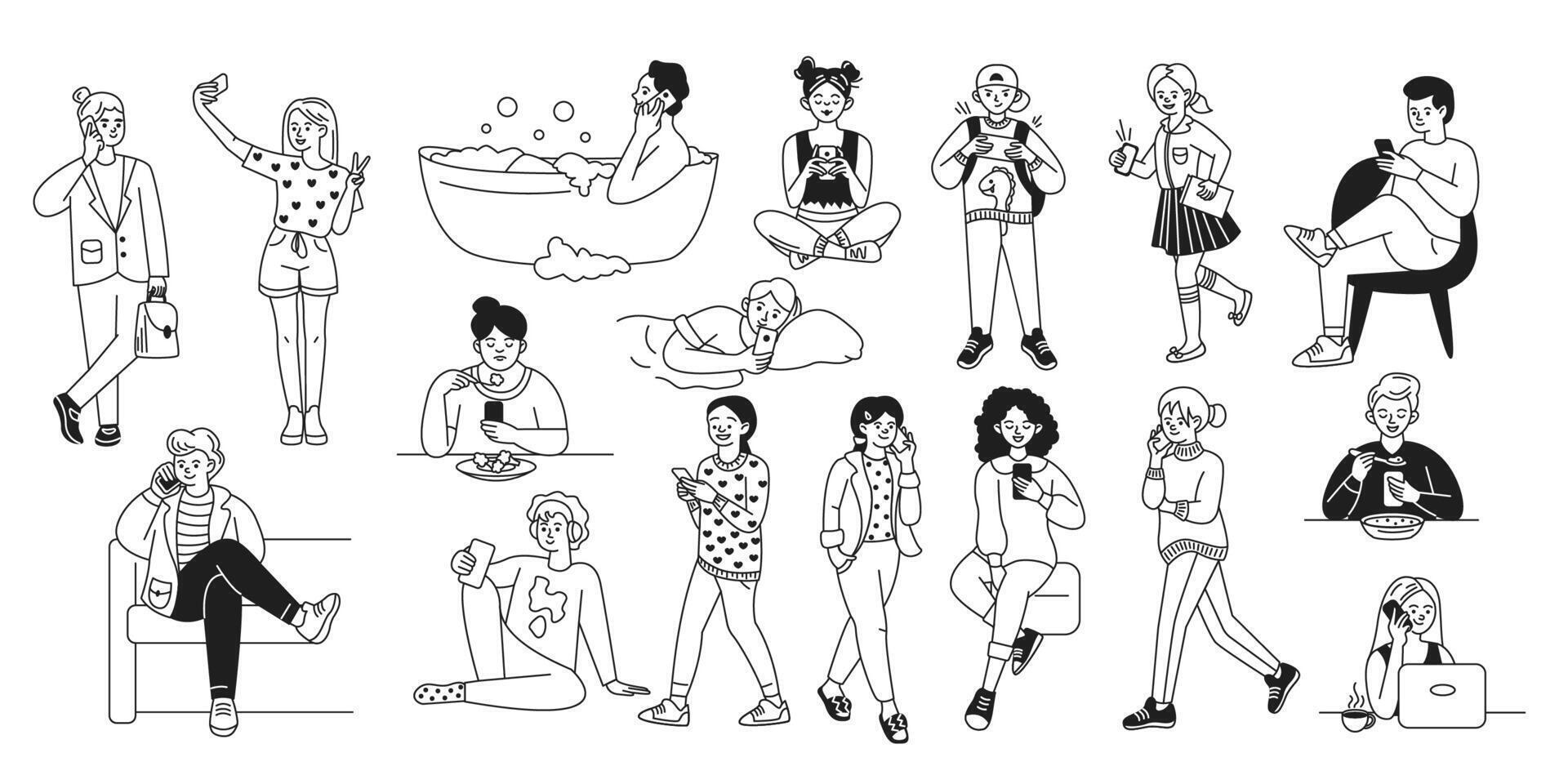 People using smartphones in different situations linear icons set. Concept of digital dependency characters illustration collection vector
