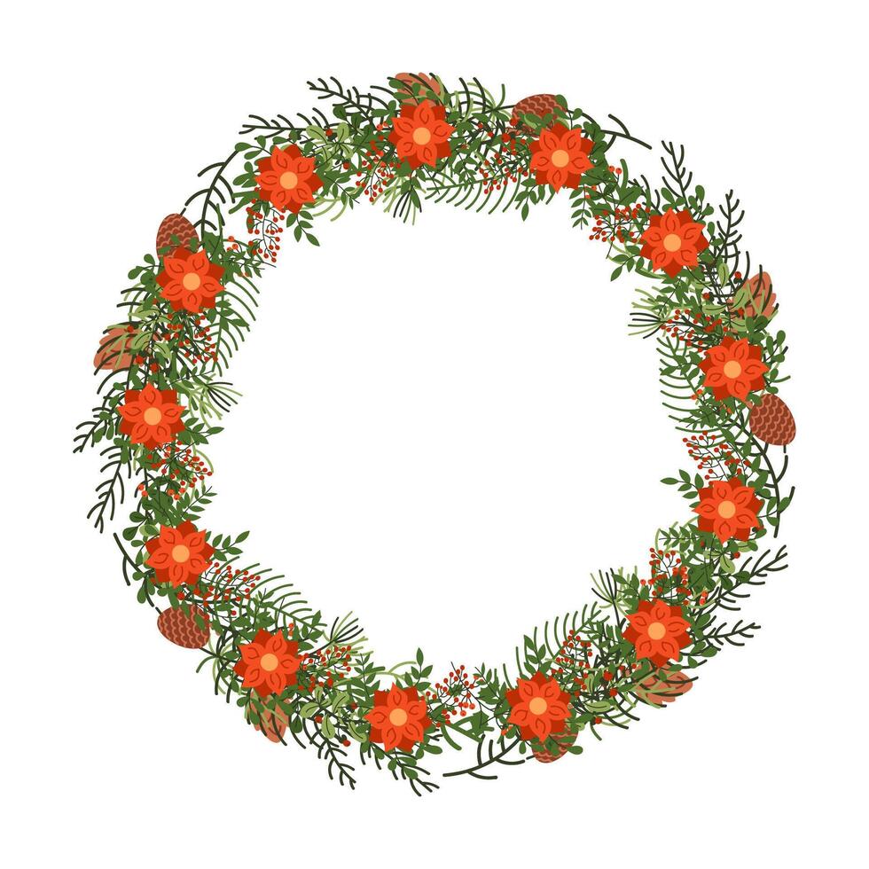 Christmas wreath with red flowers and pine cones flat color object. Holiday spirit radiating ornament illustration on white background vector